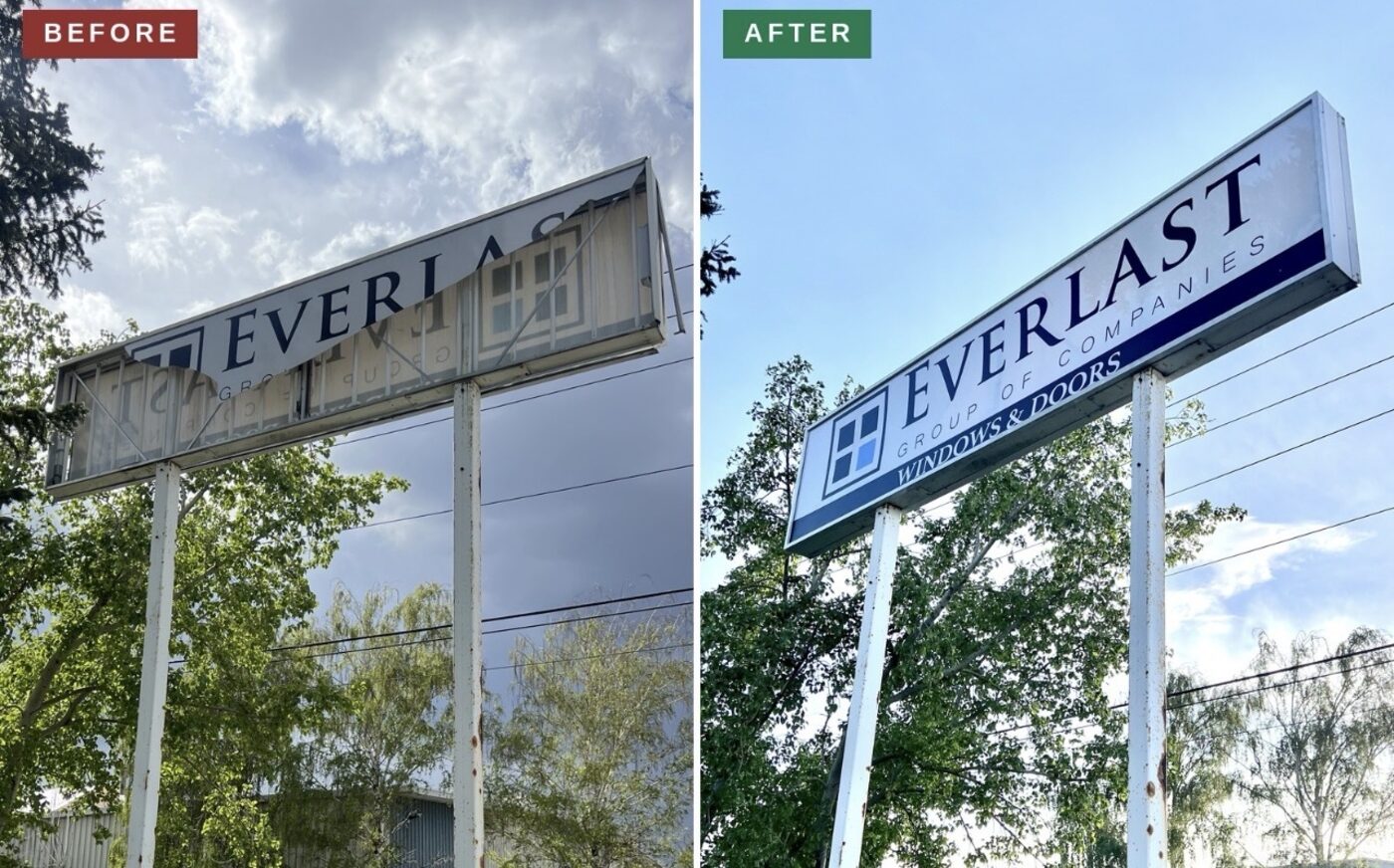 Before and after pylon sign face replacement for Everlast Group of Companies Windows & Doors in Calgary — Action Signs & Graphics